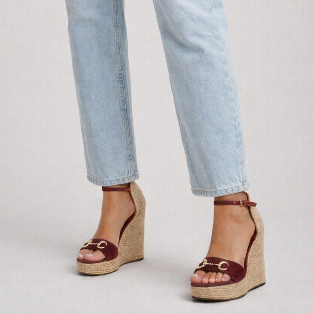 Gucci Horsebit Suede Wedge Espadrille Sandals In Dry Rose Size EU40/US9.5
